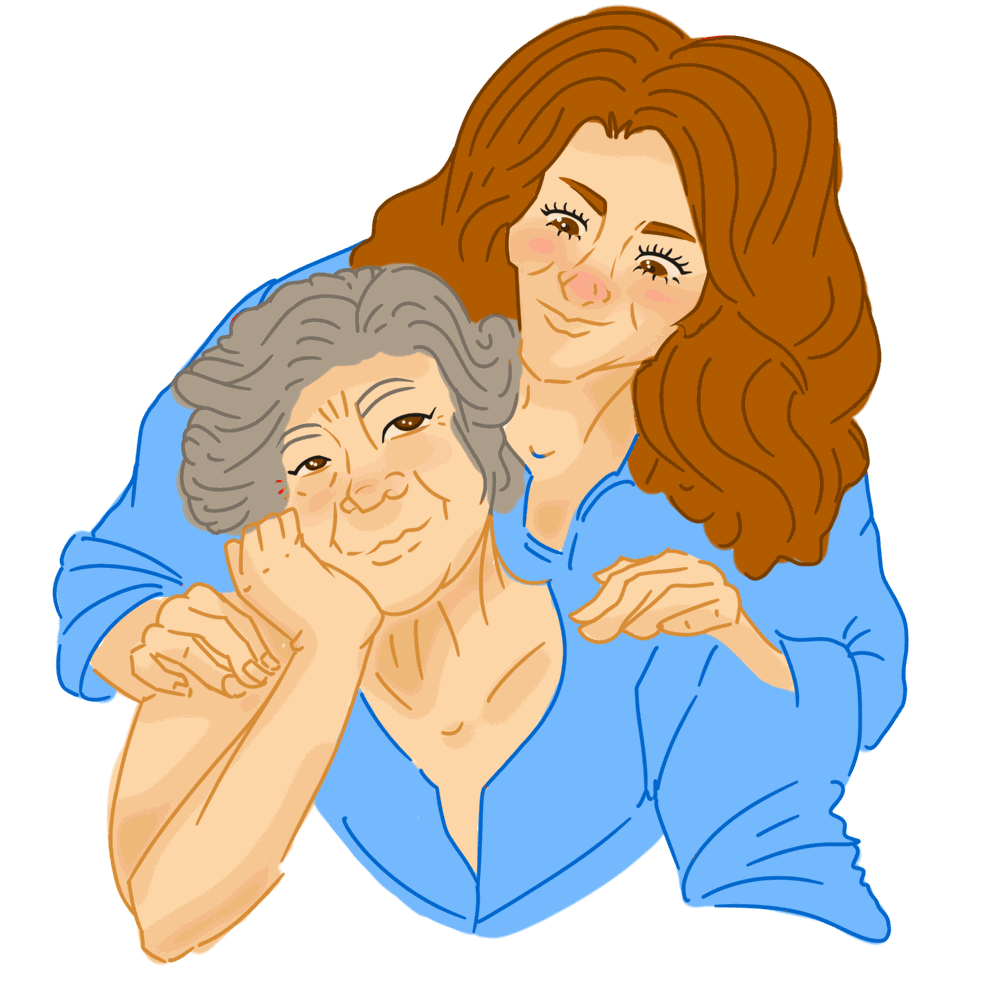 Yari abraza a su abuela, pintado a mano